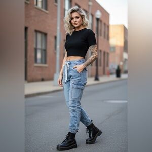 American Eagle High Waisted Light Wash Denim Cargo Jean Joggers Size 2